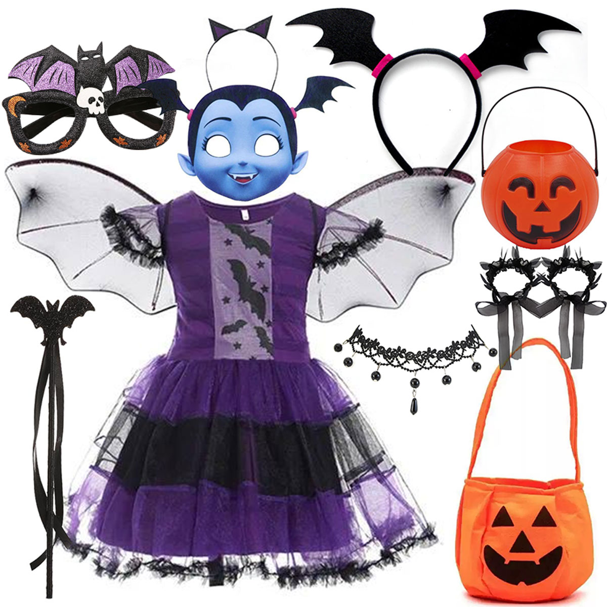 Kids Face Mask - Mädchen Halloween Vampir-Fledermaus-Kostüm Kleid mit Flügeln,